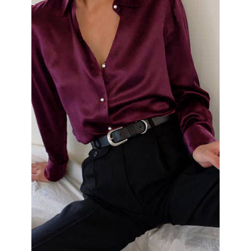 Satin Pearl Button Long Sleeves Solid Color Shirts For Women