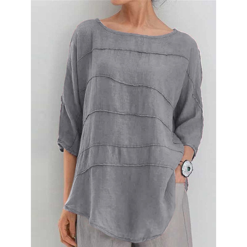 Solid 3/4 Sleeve Crew Neck Blouse For Women