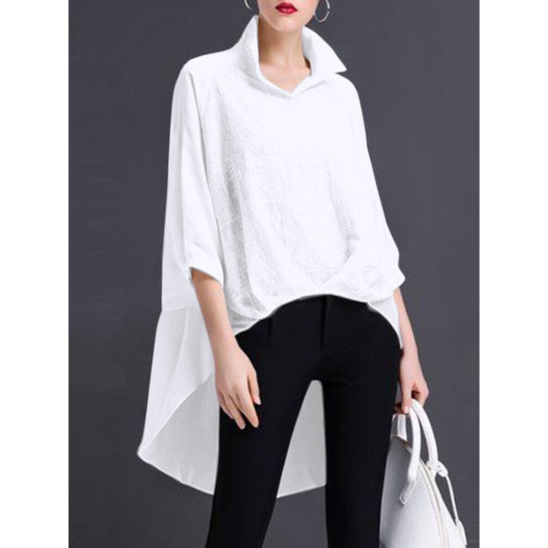 Solid A-line High-low Hem Long Sleeve Blouse