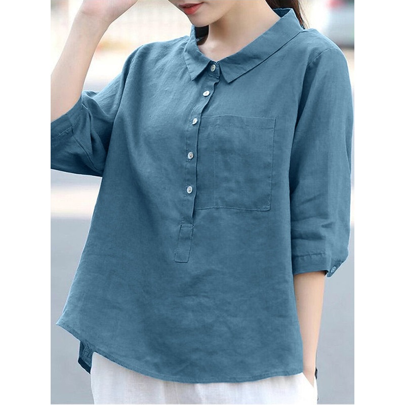 Solid Button Front Half Placket Pocket 3/4 Sleeve Lapel Blouse