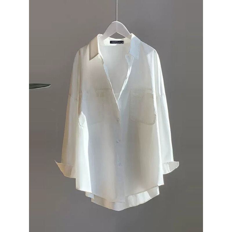 Solid Button Lapel Pocket Long Sleeve Shirt