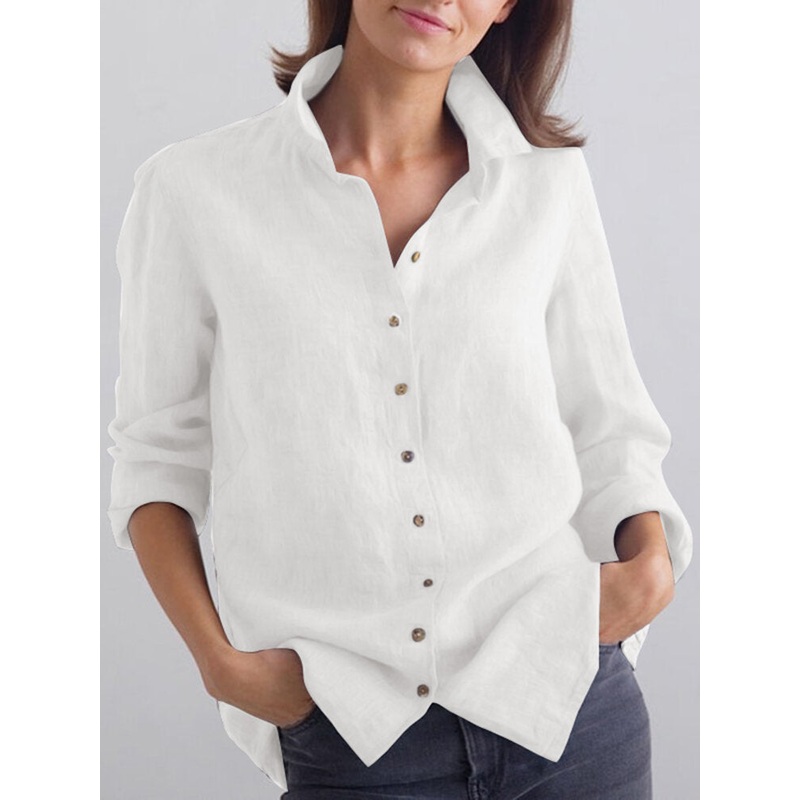 Solid Lapel Long Sleeve Button Front Shirt