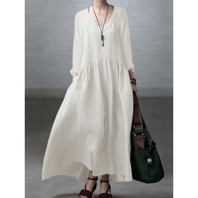 Solid Long Sleeve Pocket V-neck Dress For Women