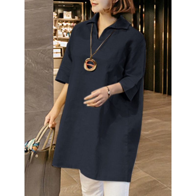 Solid Loose 3/4 Sleeve Lapel Casual Blouse