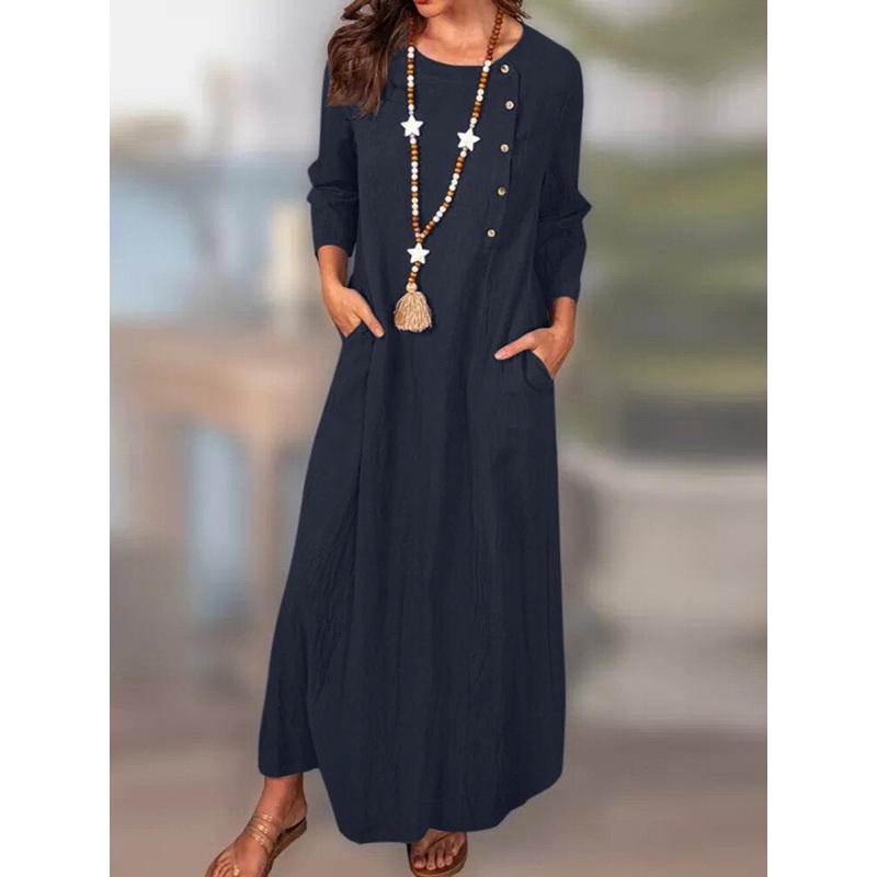 Solid Pocket 3/4 Sleeve Crew Neck Casual Dress