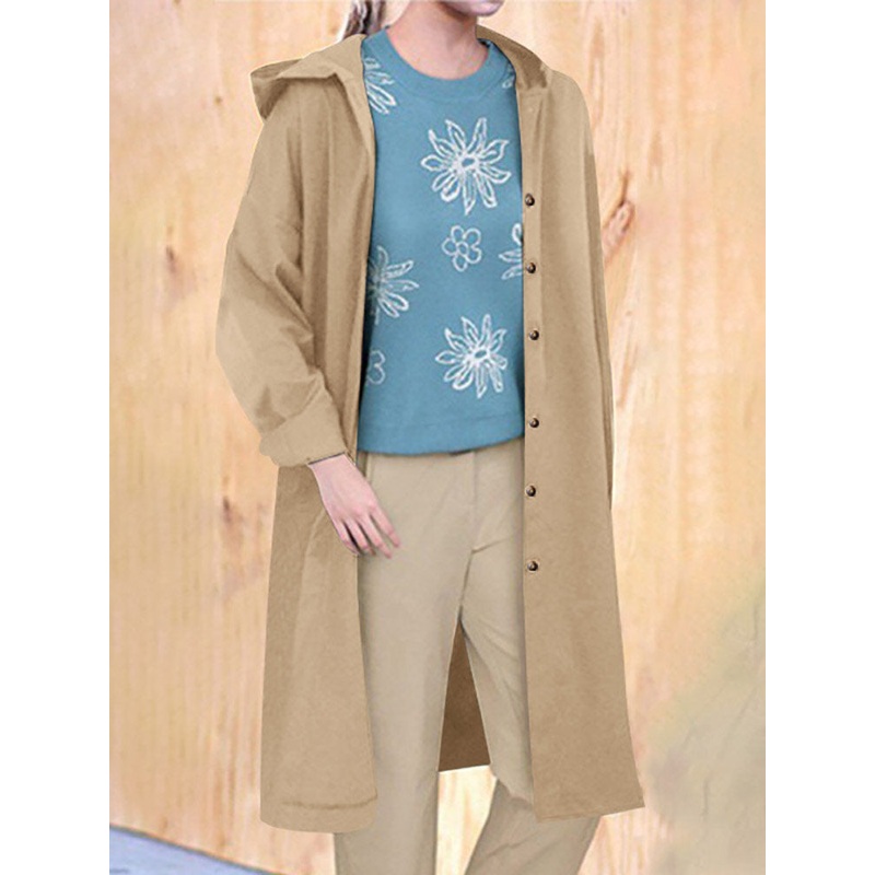 Solid Pocket Hooded Long Sleeve Button Trench Coat