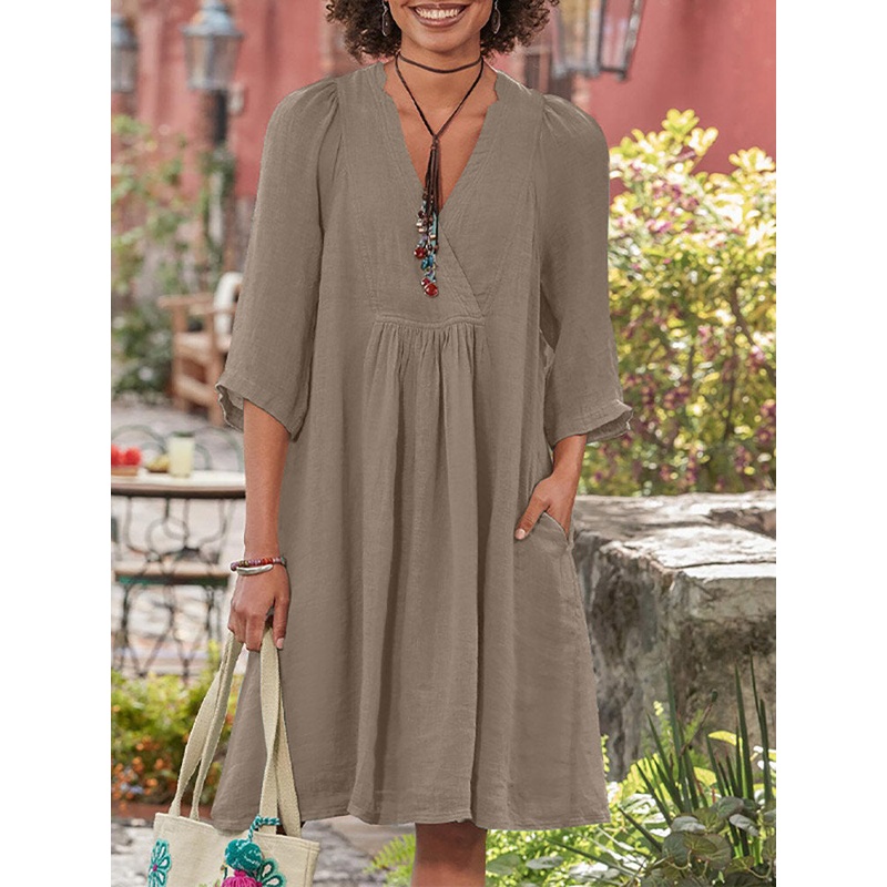 Solid Pocket V-neck 3/4 Sleeve Vintage Dress