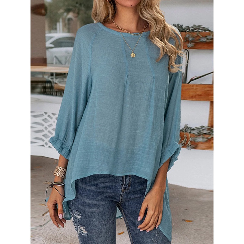 Solid Ruched High-Low Hem Casual Blouse