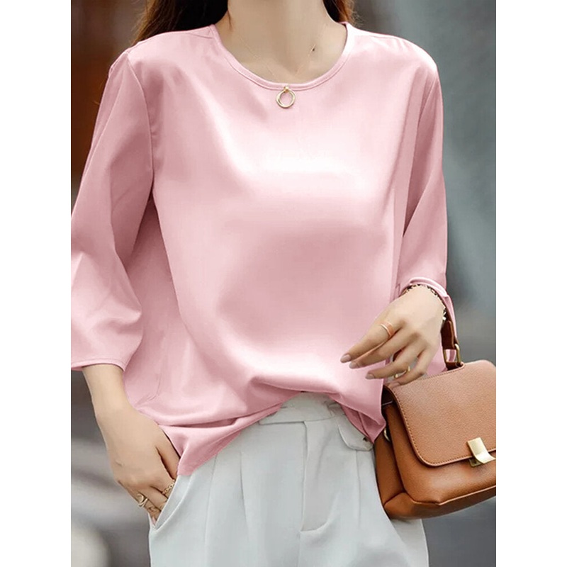 Solid Satin 3/4 Sleeve Crew Neck Casual Blouse