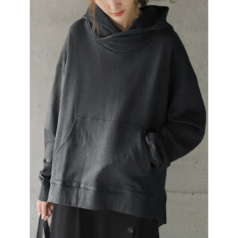 Solid Simple Front Pocket Loose Fit Split Hem Hoodie for Women