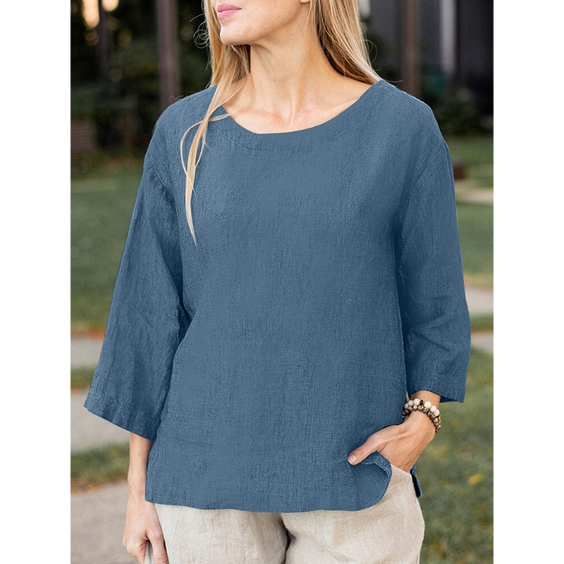 Solid Slit Hem Crew Neck Casual Blouse