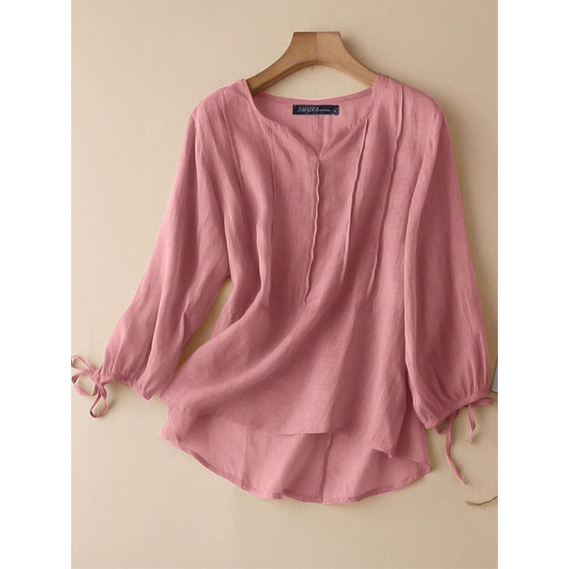 Solid Tie-up At Cuffs 3/4 Sleeve V-neck Blouse
