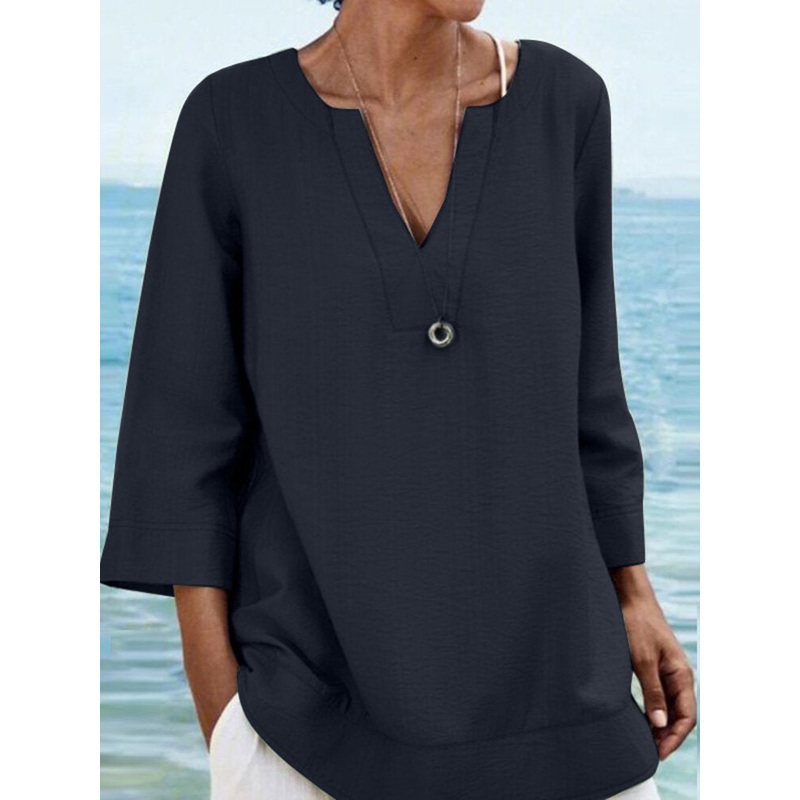 Solid V-neck 3/4 Sleeve Blouse For Women