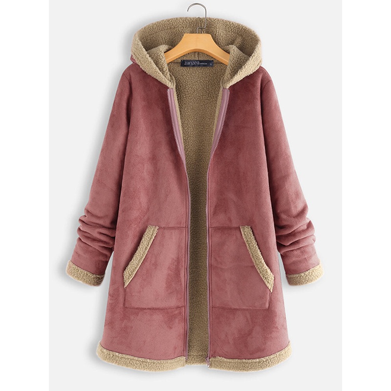 Women Casual Long Sleeve Hooded Side Pockets Zipper Coats