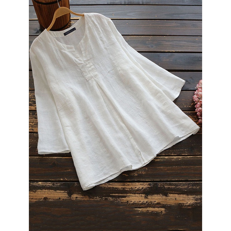Women Casual Solid V Neck Cotton 3/4 Sleeve Blouse