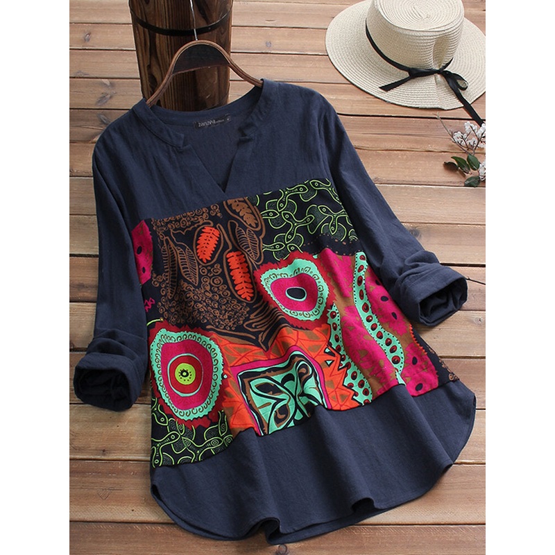 Women Cotton Vintage Folk Style Print V-Neck  3/4 Sleeve Blouse