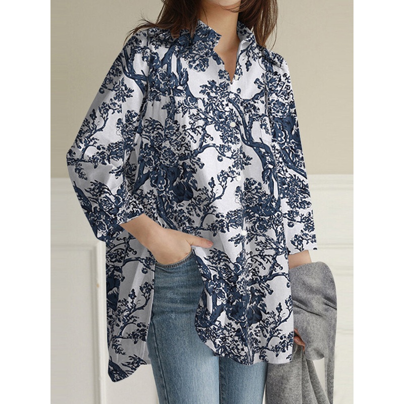 Women Floral Print Lapel Collar High Low Split Hem Long Sleeve Casual Shirts