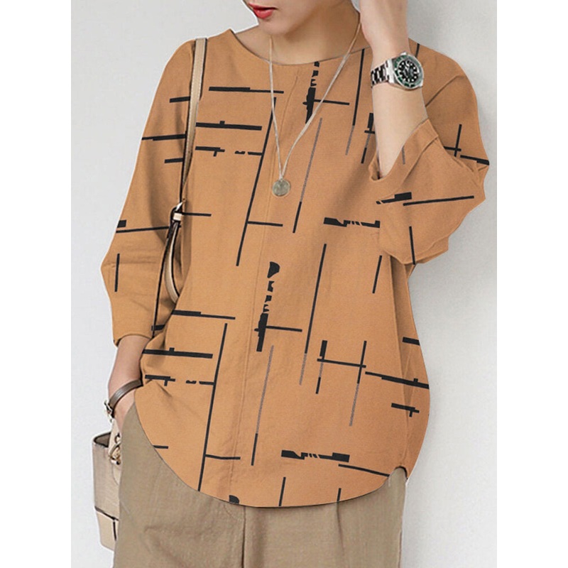 Women Geo Pattern 3/4 Sleeve Crew Neck Blouse
