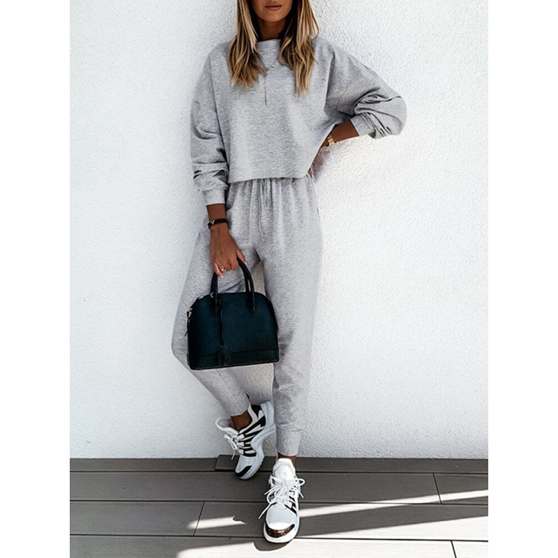 Women Side Pockets Solid Color Elastic Waist Casual Two-Piece Sets
