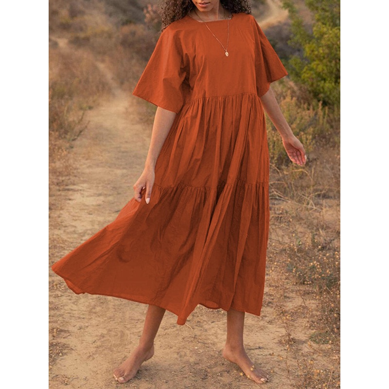 Women Solid Color Half Sleeve Pleated Casual Square Neck Maxi Dress