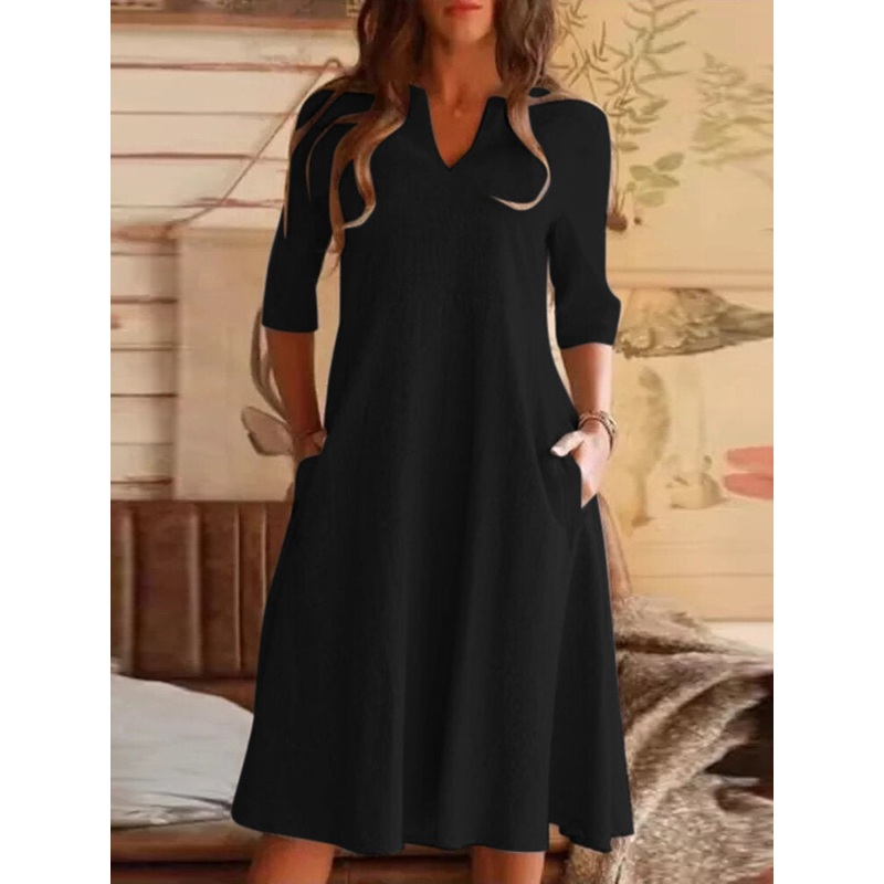 Women Solid V-neck 3/4 Sleeve Pocket Vintage Dress