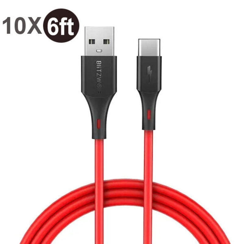 [10 Pack] BlitzWolf BW-TC15 3A QC3.0 Quick Charge USB Type-C Cable Fast Charging Data Sync Transfer Cord Line 6ft/1.8m For Samsung Galaxy Note 20 Huawei P40 Mi10 OnePlus 8