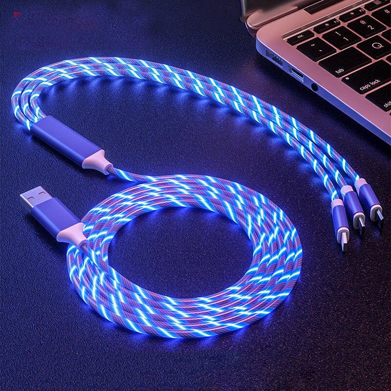3 in 1 Glowing Cable LED Light USB to Type-C/Micro/iP Cable Fast Charging Data Transmission Line 1M Long for iPhone 14 Pro for iPad Pro for Huawei P50 for ViVo Y70s for Xiaomi Mi 13