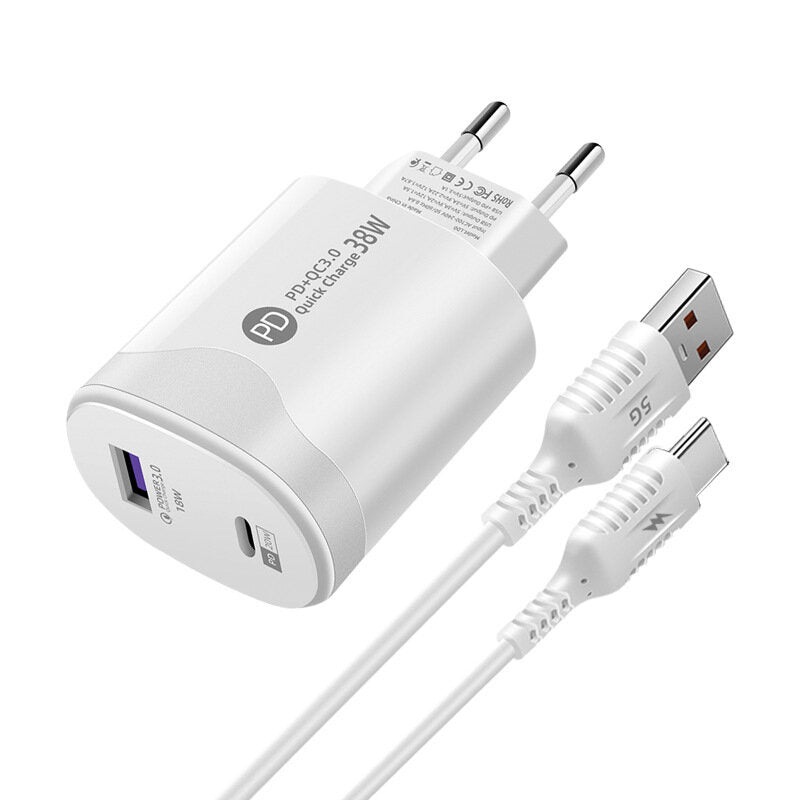 38W Dual Port Type-C + USB Port PD 20W QC3.0 Fast Charging Wall Charger Adapter EU Plug With 1m Long USB-A to Type-C Cable For Samsung Galaxy S22 S22 Ultra Galaxy Z Flip 4 For Xiaomi Mi 12T Redmi Note 12 Huawei P50