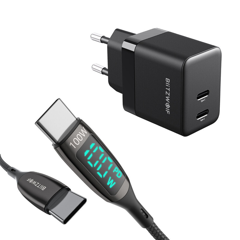 BlitzWolf BW-S22 35W GaN Dual Type-C Ports Wall Charger + BW-TC23 100W 5A LED Display Type-C to Type-C Cable 6ft Long