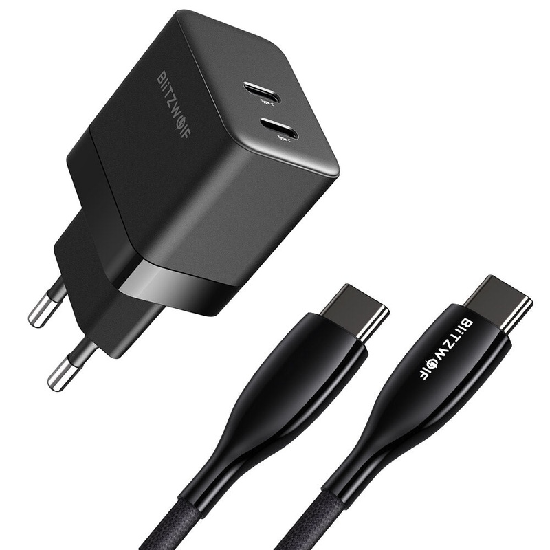 BlitzWolf BW-S22 35W GaN Dual Type-C Ports Wall Charger + BW-TC24 100W 5A Type-C to Type-C Cable 3ft Long