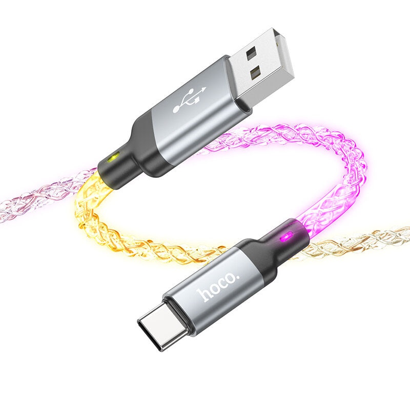 HOCO U112 3A USB-A to Type-C Cable Soft Colorful Led Lights Shine Fast Charging Data Cable Data Transmission Thickened Copper Core Line 1M Long For Samsung Galaxy S22 S22 Ultra Galaxy Z Flip 4 For Xiaomi Mi 12T Redmi Note 12 Huawei P50