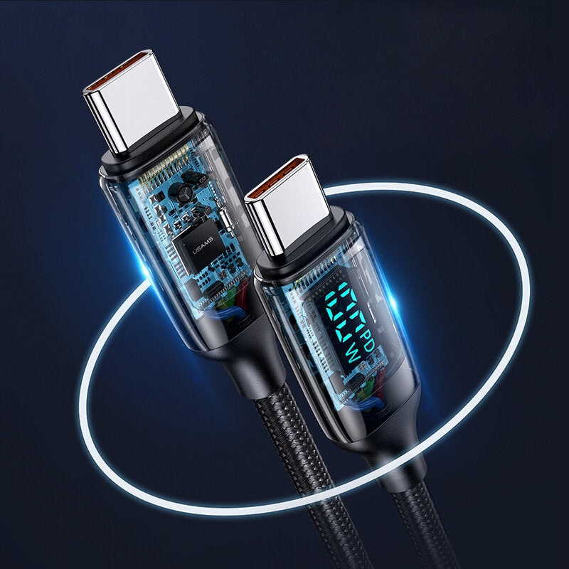USAMS U78 100W 5A Digital Display Type-C to Type-C Cable Fast Charging Data Transmission Copper Core Line 1.2M/2M Long For Samsung Galaxy S22 S22 Ultra Galaxy Z Flip 4 For Xiaomi Mi 12T Redmi Note 12 Huawei P50