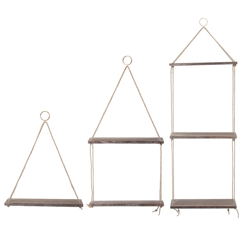1/2/3 Tiers Wall Mounted Storage Holder Wooden Hanging Rope Shelf Floating Rack