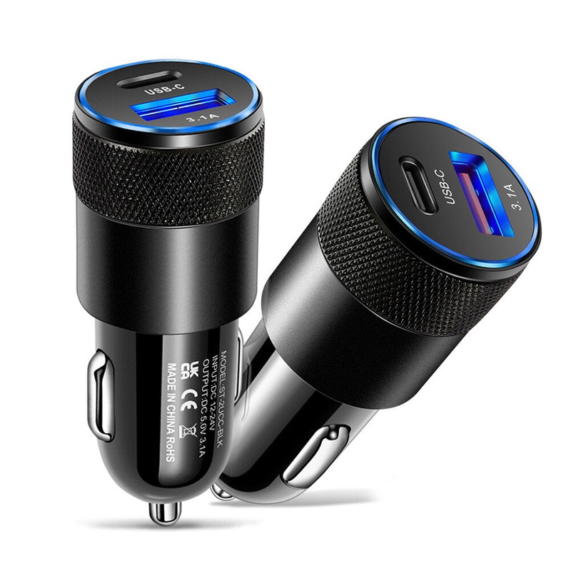 15W 2-Port USB PD Car Charger Adapter USB-A+USB-C PD Fast Charging with Blue LED for iPhone 12 13 14 14Pro 14 Pro Max for Huawei Mate50 for Samsung Galaxy S23 for Oppo Reno9