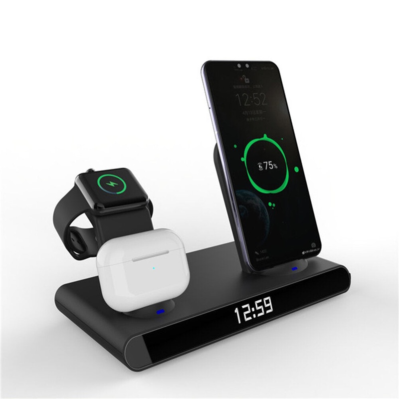 3 In 1 Wireless Charger Alarm Clock Over- Voltage Protection Phone Earphone Watch Wireless Charging