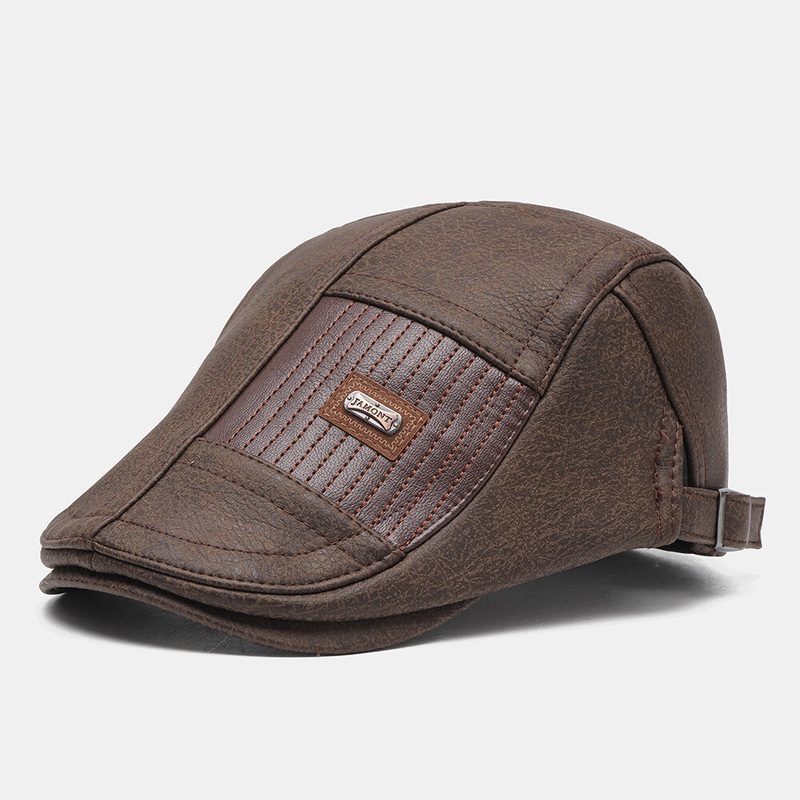 Collrown Men Faux Leather Retro Casual Stripe Pattern Solid Color Leather Forward Hat Beret Hat