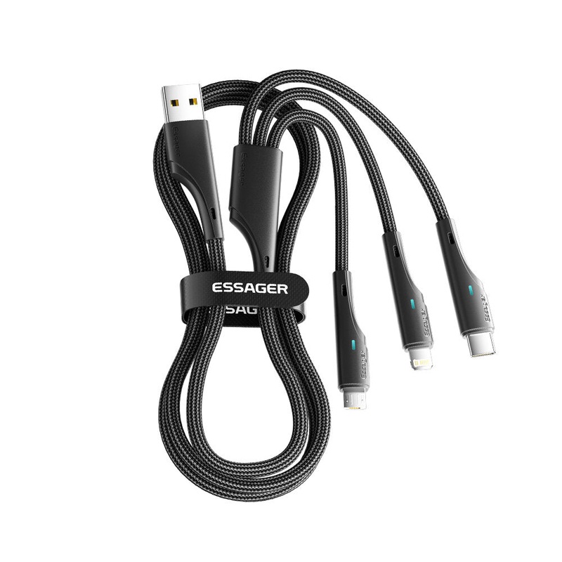 ESSAGER ES-X37 3A USB-A to Type-C/iP/Micro USB Cable Fast Charging Data Transmission Tinned Copper Core Line 1.2M Long for iPhone 13 14 14Pro 14Pro Max for Huawei Mate50 for Samsung Galaxy S23 for Redmi K60 for OPPO A35