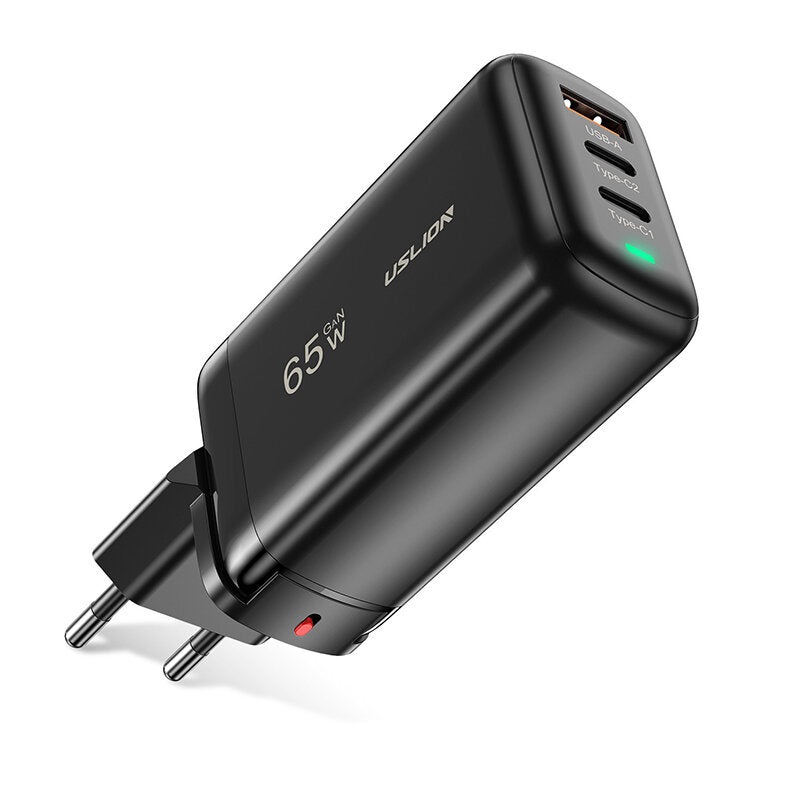 [GaN Tech] Uslion 65W 3-Port USB PD Charger Dual Type-C+USB-A PD QC FCP PPS Fast Charging Wall Charger Adapter EU Plug for iPhone 12 13 14 14Pro for Huawei Mate50 for Xiaomi 13pro for Oppo Reno9