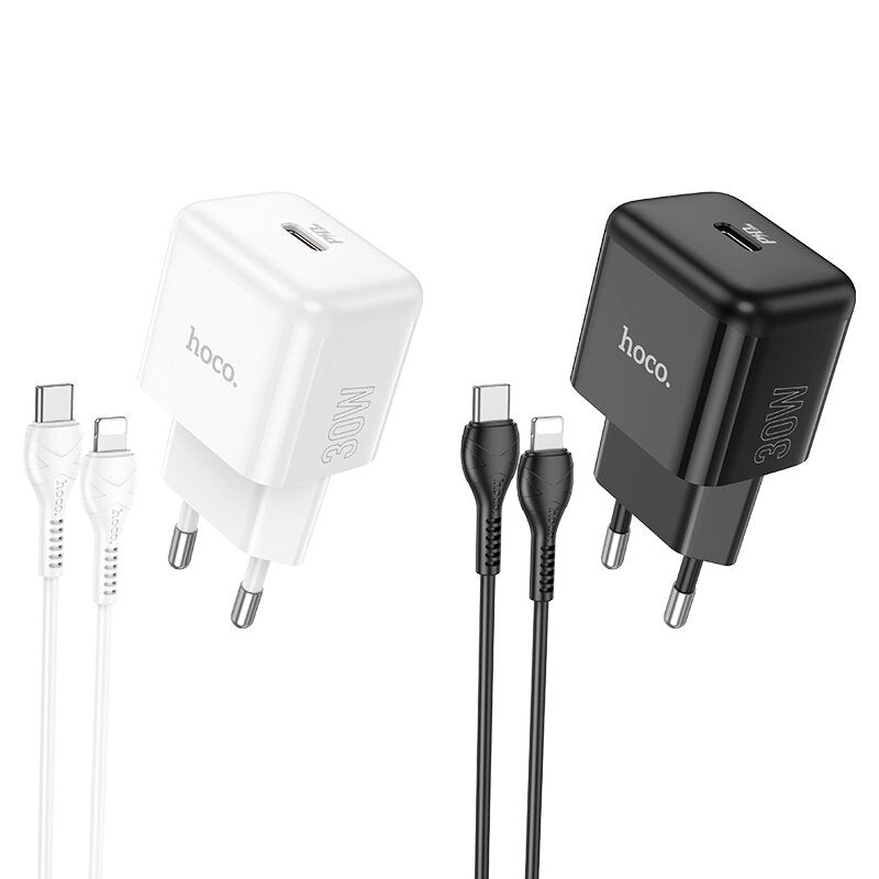 HOCO N32 PD 30W Single Type-C Port Fast Charging Wall Charger Adapter EU Plug With 1m Long Type-C to iP Cable For iPhone 11 12 13 14 14 Plus 14 Pro Max For iPad Pro