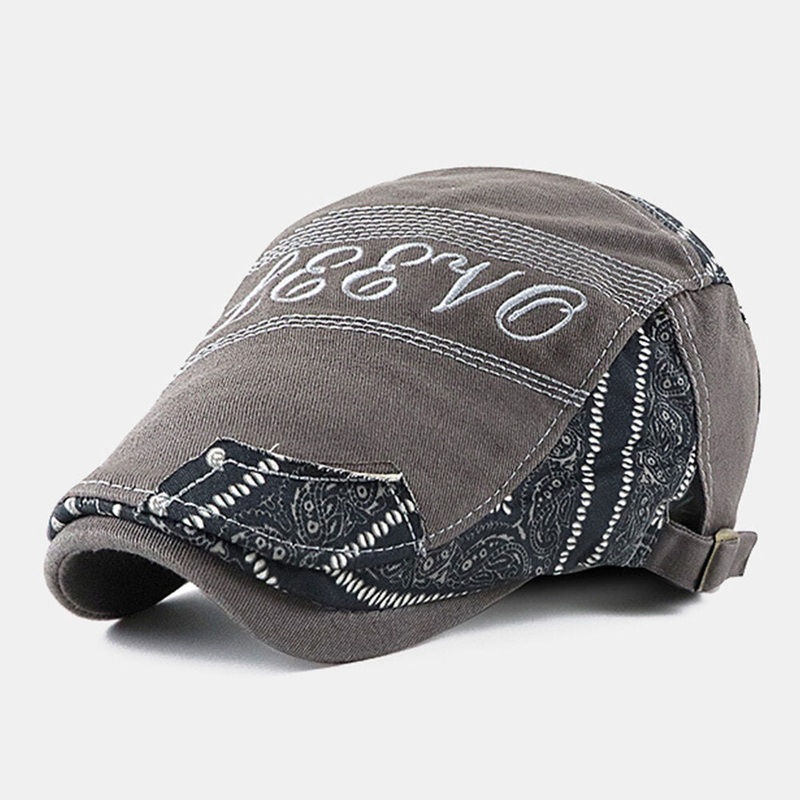 Men Big Brim Letter Embroidery Stitching Forward Hat Ethnic Adjustable Breathable Beret Flat Cap Driver Hat
