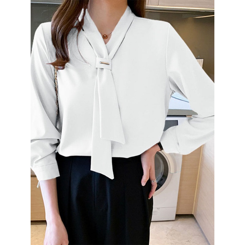 Solid V-neck Long Sleeve Blouse For Women