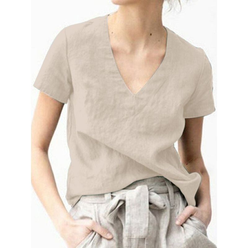 Solid V Neck Short Sleeve Casual Cotton Blouse