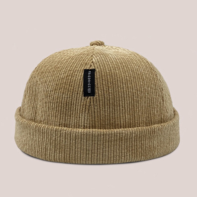 Unisex Corduroy Label Patch Skull Cap Casual Outdoor Autumn Winter Warm Adjustable Brimless Beanie Landlord Cap