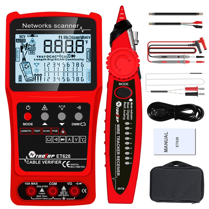 TOOLTOP 3 in 1 Network Cable Tester + Multimeter + Red Light Pen 600M Network Cable Length Measure AC DC Current Voltage Measurement Anti-noise Line Tracker With Bag ET624 ET626 ET628