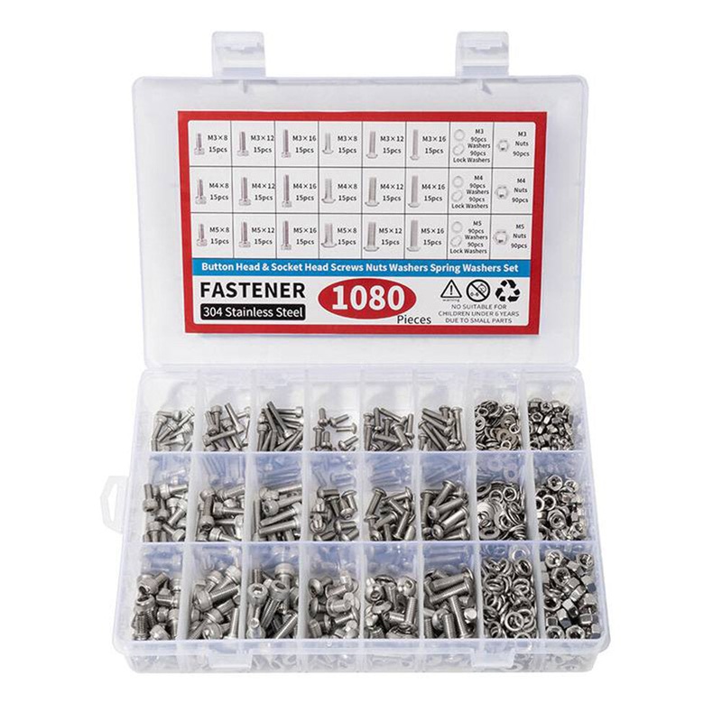 1080pcs Nuts And Bolts Assortment Kit M3 M4 M5 M6 Screw Set Button Head & Socket Head Metric Screws 304 Stainless Steel Nut & Bolt Assortment Sets