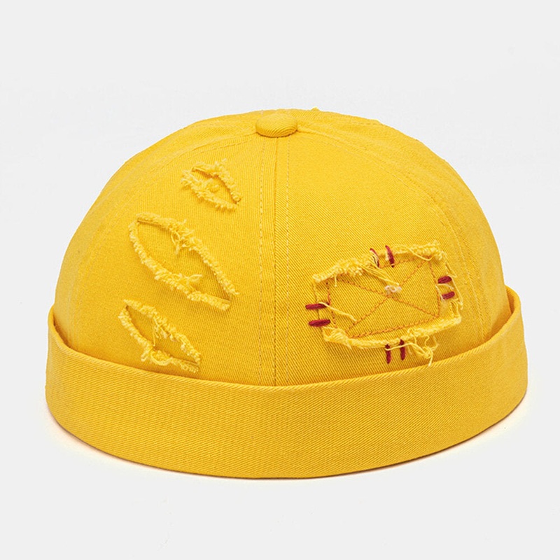 Collrown Unisex Cotton Solid Color Damaged Patch Fashion Brimless Beanie Landlord Cap Skull Cap
