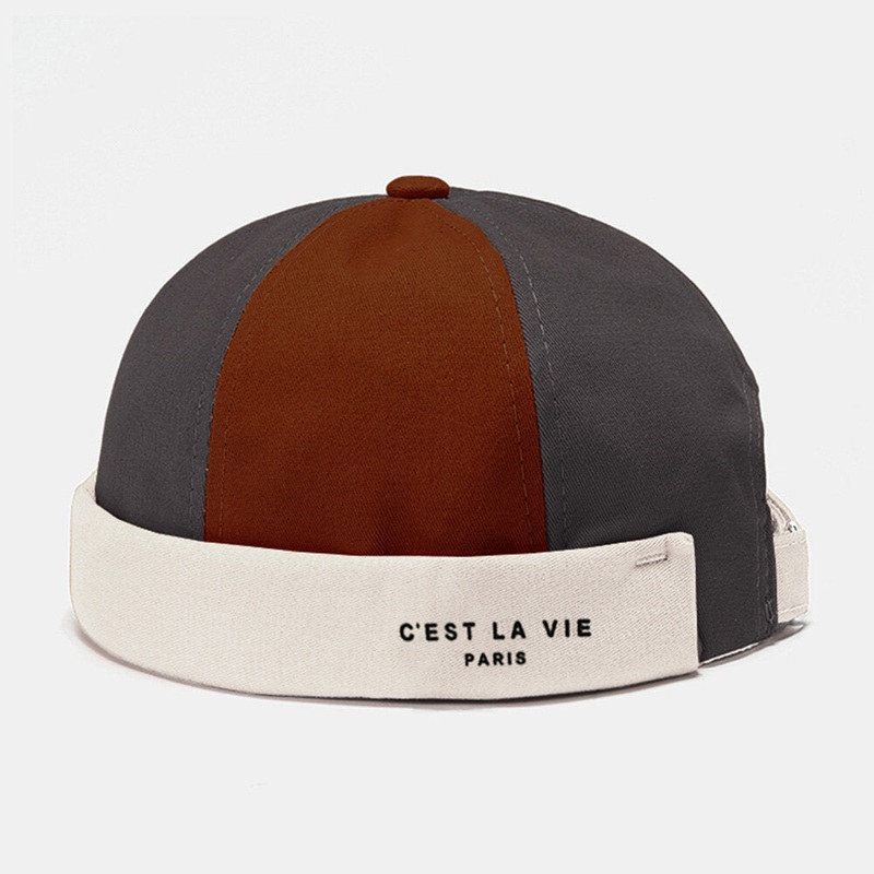 Men Letter Pattern Print Patchwork Color Contrast Fashion Adjustable Breathable Brimless Beanie Landlord Cap Skull Cap