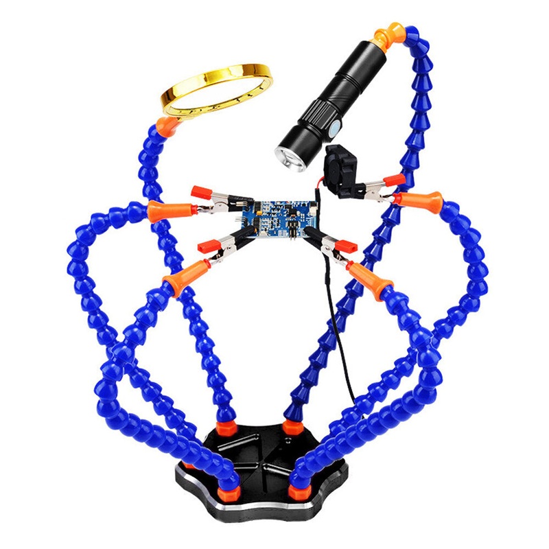 Multi-Functional Soldering Helping Hand with 6 Pc Flexible Arms Aluminum Alloy Soldering Station with Fan Magnifying Glass and Flashlight Magnifier PCB Welding Repair Station