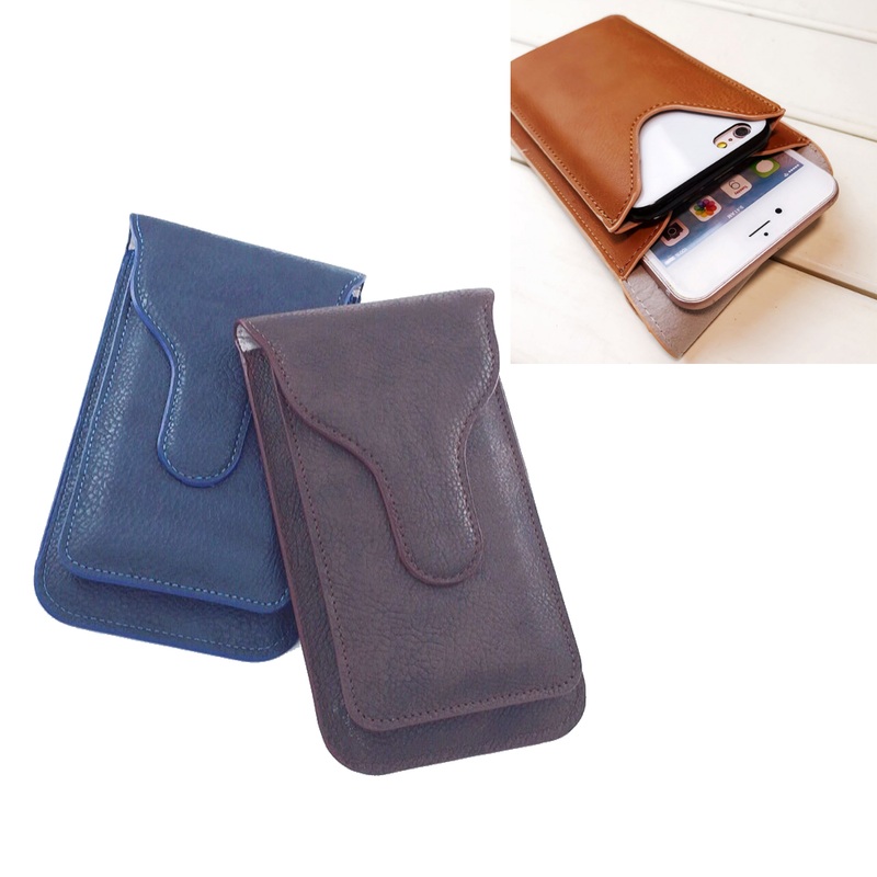 6.0+5.5 Double Pockets Portable Leather Waist Bag Universal Mobile Phone Card Cover Bag Outdoor Cover Storage Punch