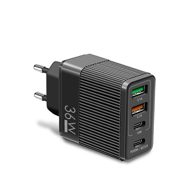 USLION 36W 4-Port USB PD Charger Dual USB+Dual Type-C PD QC3.0 Fast Charging Wall Charger Adapter EU Plug for iPhone 12 13 14 14Pro for Redmi K60 for Huawei Mate50 for Samsung Galaxy S23